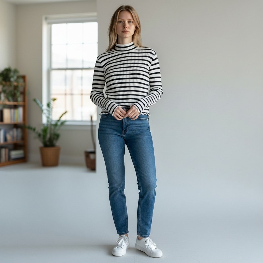 Divided by H&M Women Medium Ribbed Black White Striped Mock Neck Top Long Sleeve